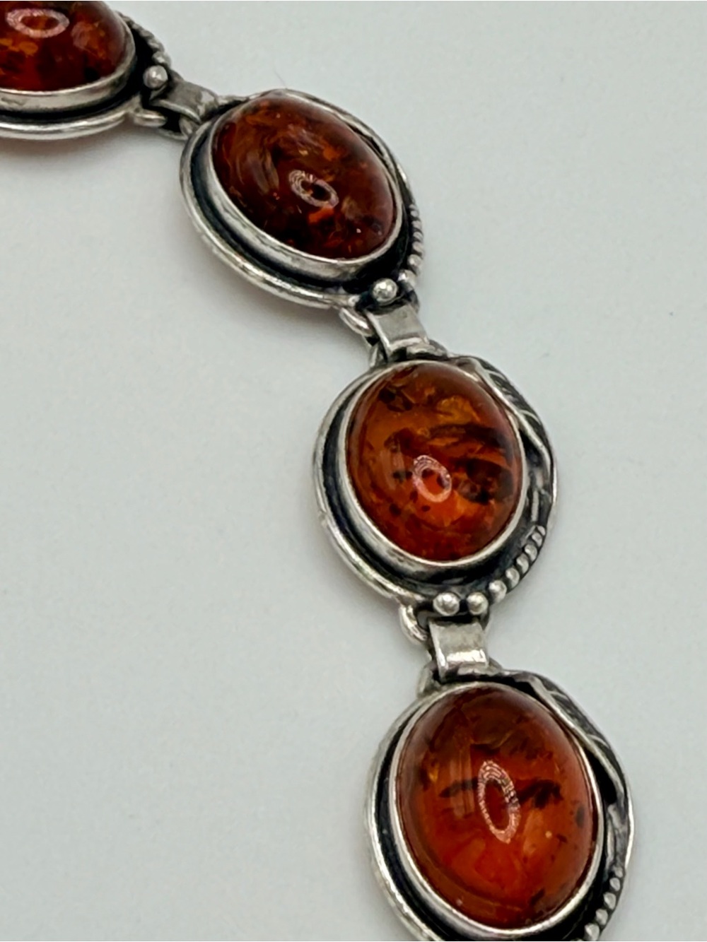 Vintage Oxidized Sterling Silver Leaf Pattern w/Oval Amber Cabochons Bracelet - Picture 9 of 16